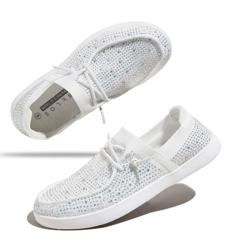 BELOS Women's Rhinestone Lace Up Loafers Shoes Comfortable Slip On Mesh Knit Walking Shoes Fashion Lightweight Sparkly Glitter Sneaker(White,10