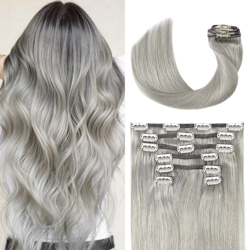 UGOTRAY Silver Clip in Hair Extensions Real Human Hair 70G Gray Remy Human Hair Clip in Extensions 15 Inch Soft Silky Straight for Full Head 7pcs 16clips One Pack (15 Inch #Silky/Gray)