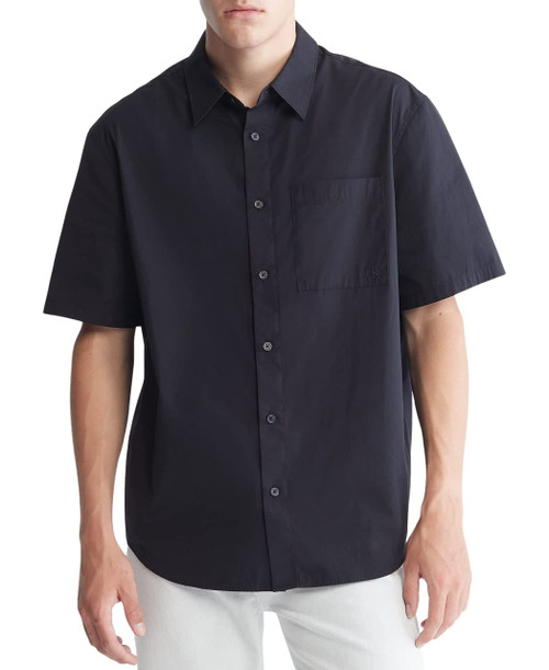 Calvin Klein Men's Solid Pocket Button-Down Short Sleeve Easy Shirt, Black Beauty, Medium