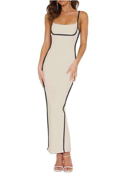 BLENCOT Women's Summer Contrast Binding Bodycon Dress Slim Fit Sleeveless Split Knit Cocktail Party Maxi Long Dresses White L