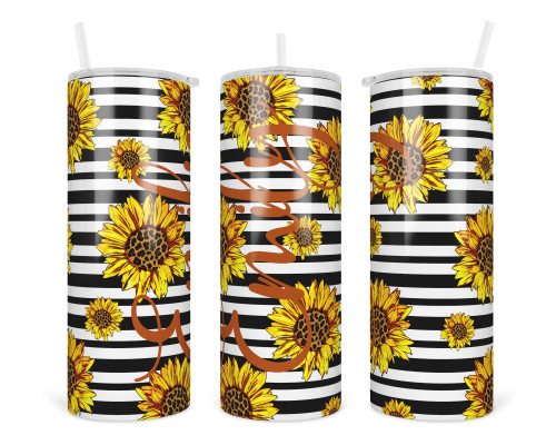 Sunflowers and Stripes Personalized 20 oz insulated tumbler, skinny Tumbler with lid and Straw, travel mug, Insulated Coffee Tumbler, Stainless Steel