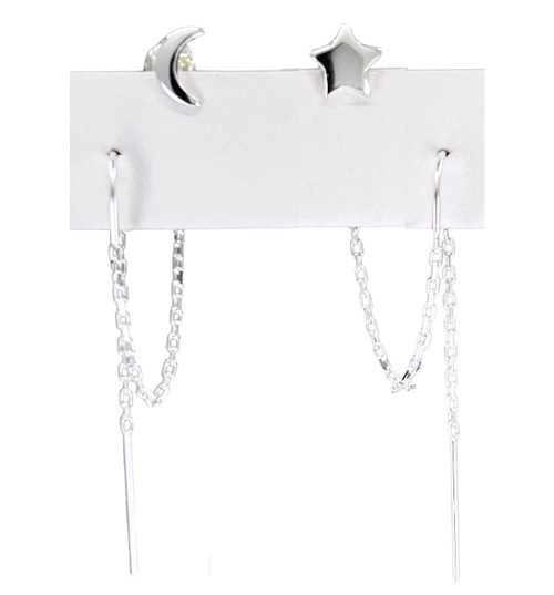 Sterling Silver Moon and Star Earrings - 925 Silver Double Piercing Earrings Set - Chain Earrings for Women - Second Piercing - Two Holes - Austin Down to Earth