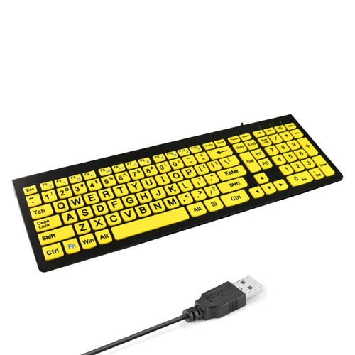 HXMJ-Large Print Computer Keyboard | Quiet Scissor Switch | Full Size | Wired USB High Contrast Keyboard with Oversized Letters for Seniors and Visually Impaired Low Vision Individuals-Yellow