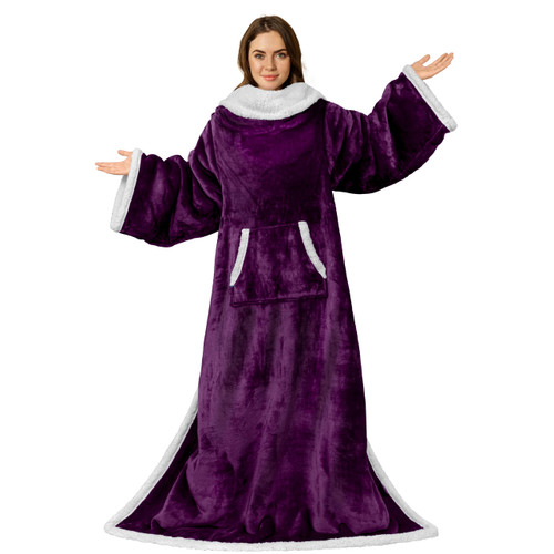 PAVILIA Sherpa Fleece Wearable Blanket with Sleeves for Adults Women Men, Soft Warm Full Body Wrap Throw, Sweatshirt Pocket, Cozy Pullover Robe Blanket with Arm, Gifts for Christmas Mom Wife, Purple