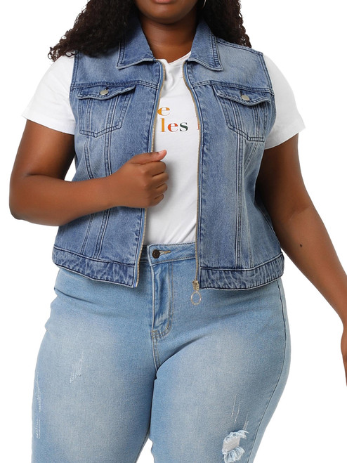 Agnes Orinda Plus Size Denim Vest for Women Sleeveless Zip Up Button Down Jeans Jacket Vest 2X Sky Blue