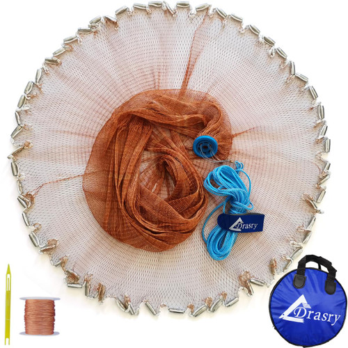 Drasry Saltwater American Fishing Cast Net 3/8inch Mesh Size for Bait Shrimp Trap Fish Heavy Duty Sinkers Throw Net 3FT/4FT/5FT/6FT/7FT/8FT/9FT/10FT Radius Tire Lines 6FT Radius