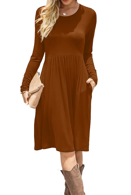 DB MOON Women Casual Long Sleeve Dresses Knee Length Empire Waist Loose Brown Dress with Pockets L DB MOON Women Casual Long Sleeve Dresses Knee Length Empire Waist Loose Brown Dress with Pockets L