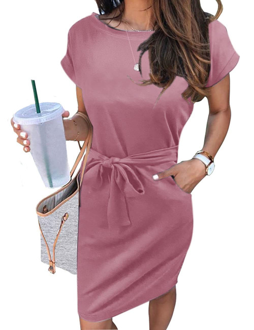 MEROKEETY Women's Summer Striped Short Sleeve T Shirt Dress Casual Tie Waist Midi Dress Solid Pink