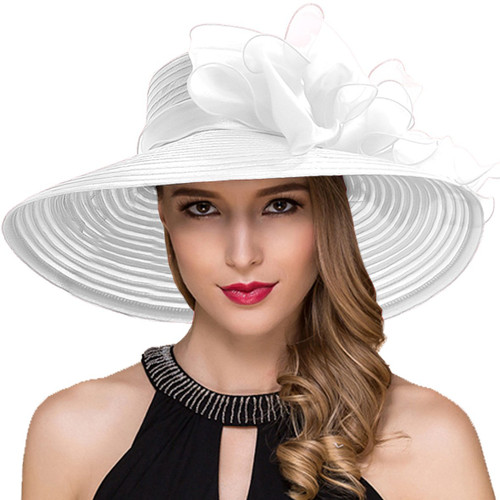 Women Derby Church Dress Cloche Hat Fascinator Floral Tea Party Wedding Bucket Hat S052 (Bow-White)