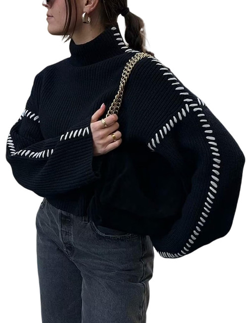 Yimoon Women's 2024 Fall Mock Turtleneck Sweater Oversized Contrast Stitching Long Sleeve Chunky Pullover Sweaters(Black-S)