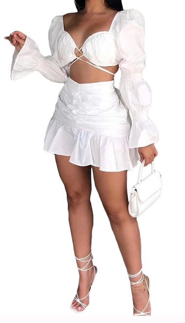 Aro Lora Womens Sexy 2 Piece Outfits V Neck Puff Sleeve Ruched Ruffle Lace Up Bodycon Club Mini Dress Small White Aro Lora Womens Sexy 2 Piece Outfits V Neck Puff Sleeve Ruched Ruffle Lace Up Bodycon Club Mini Dress Small White