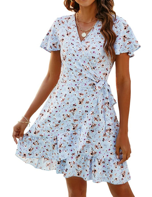 Naggoo Womens Wrap V Neck Floral Print Ruffle Short Summer Dress Sky Blue L