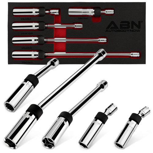 ABN Spark Plug Socket Kit - 5 Piece 360-degree Magnetic Swivel Spark Plug Socket - 3/8 Drive 6-Point and 12-Point Ignition Starter Remover Tools