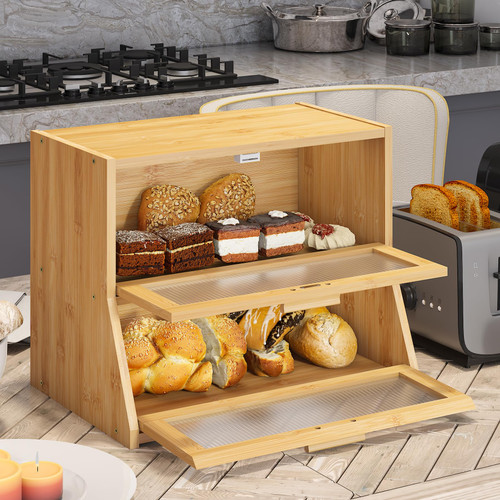 BMOSU Large Bread Box Double Layer Bamboo Bread Box for Kitchen Counter Container Farmhouse Bread Box with Window Bread Holder Capacity Bread Storage Bin BMOSU Large Bread Box Double Layer Bamboo Bread Box for Kitchen Counter Container Farmhouse Bread Box with Window Bread Holder Capacity Bread Storage Bin