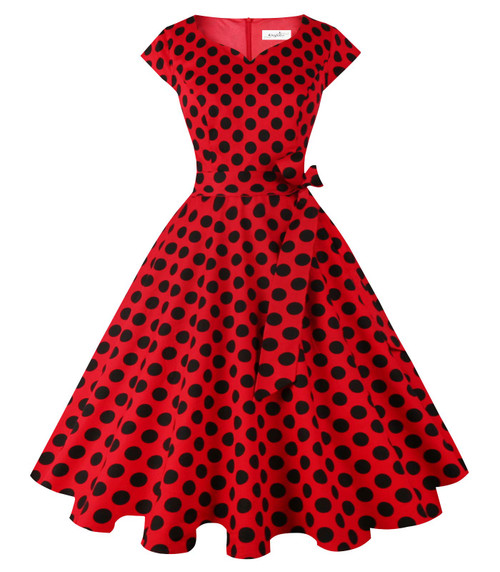 Kingfancy Women Vintage 1950s Dress Retro Cocktail Party Swing Dresses with Cap Sleeves Red Black Dot L