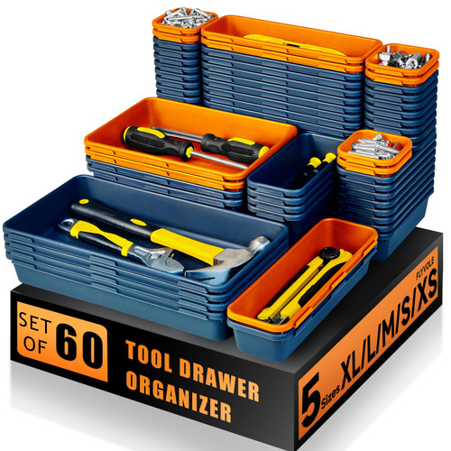 FLYVOLE Tool Box Organizer Tray, Toolbox Desk Drawer Organizer, Tool Box Tray, Toolbox Organization Storage for Rolling Tool Chest (60PCS (Blue+Orange))