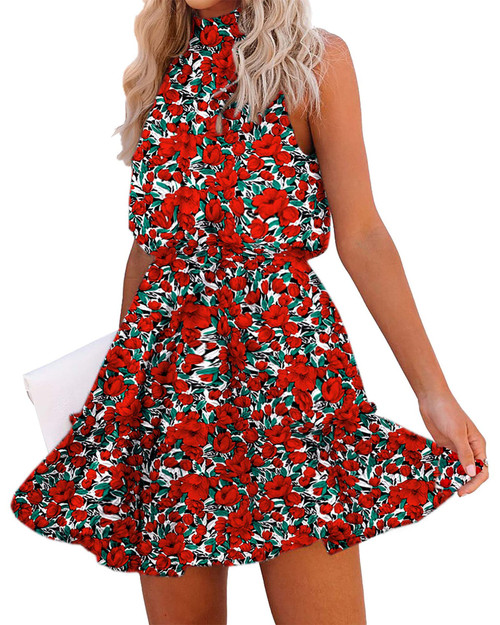 BTFBM Women 2024 Summer Halter Neck Dresses Sleeveless Casual Floral Polka Dot Print Short Boho Ruffle Sundress(Floral Red, X-Large)