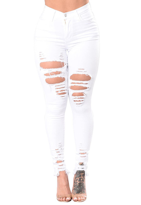 ZERMOM Women's Ripped Skinny Jeans Stretch Mid Rise Distressed Destroyed Denim Pants White