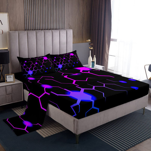 Honeycomb Bed Sheets Set Fluorescence Purple Blue Geometry Hexagon Sheets with Deep Pocket Fitted Sheet Beehive Hexagon Sheet Set Geometrical Honeycomb Bedding Set Room Decor Twin Size Bed Set