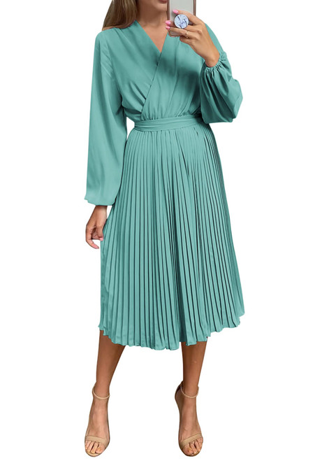 PRETTYGARDEN Women's Spring Midi Dress Long Puff Sleeve Wrap V Neck Flowy Ruffle Pleated Casual Fall Dresses (Cyan,Small) PRETTYGARDEN Women's Spring Midi Dress Long Puff Sleeve Wrap V Neck Flowy Ruffle Pleated Casual Fall Dresses (Cyan,Small)