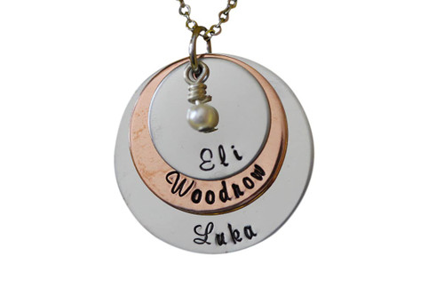 Triple Stacked Disc Necklace, Mixed Metal, Personalized Jewelry, Mother's Day Gift, Children's Names, Family Members Necklace, Hand Stamped Triple Stacked Disc Necklace, Mixed Metal, Personalized Jewelry, Mother's Day Gift, Children's Names, Family Members Necklace, Hand Stamped