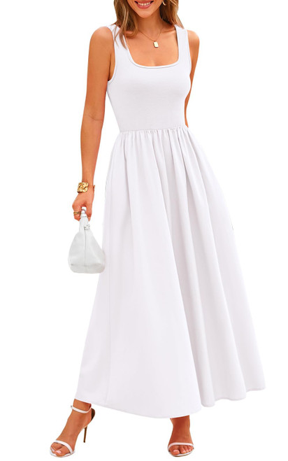 Potany Sundresses for Women Casual Summer Sleeveless Square Neck A Line Flowy Long Graduation Beach Vacation Maxi Tank Dresses 2024 Spring Outfits with Pockets(White,M)