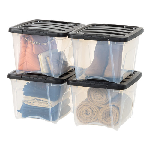 IRIS USA 19 Quart Stackable Plastic Storage Bins with Lids and Latching Buckles, 4 Pack - Clear/Black, Containers with Lids and Latches, Durable Nestable Closet, Garage, Totes, Tubs Boxes Organizing
