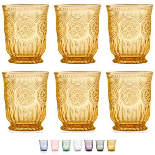 Yungala Amber drinking glasses set of 6 amber glassware cups, hobnail dishwasher safe cute colored drinkware