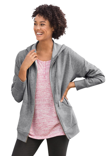 Woman Within Plus Size Zip Front Hoodie Jacket Long Oversized Fleece Jacket - 3X, Medium Heather Grey Gray