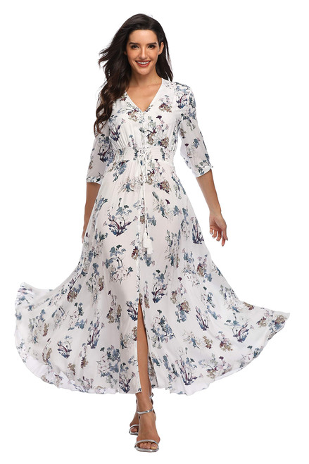 Summer Floral Print Maxi Dress Women Button Up Split Long Flowy Bohemian Beach Party Dresses,WhiteFloralEight XL