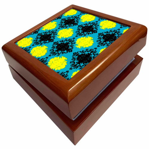 3dRose Sky Blue Yellow Black Diamond Damask, Jewelry Box jb-117537-1