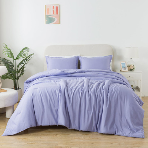 Caressma Queen Lavender Purple Comforter Set, Solid Luxury Skin-Friendly Boho Bedding Set & Collections, Breathable Fluffy Microfiber 3 PCS (90"x90") Comforter Set for All Seasons with Pillowcases