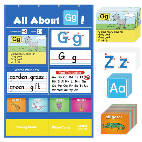 Torlam Alphabet Learning Pocket Chart Alphabet Wall Chart ABC Flash Cards Learning Games, Handwriting Practice Letter Tracing for Kids Homeschool Preschool Kindergarten Learning Activities Must Haves