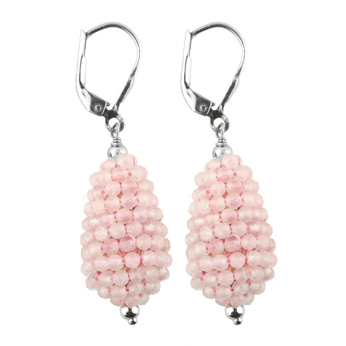 CRYSTALIS Rose Quartz Crochet Beaded Drops Earring Set, Dainty Pair Jewelry for Women, Natural Micro Beads Gemstone, Chakra Energy Healing Crystal, Wardrobe Essiantial Jewelry, 925 Sterling Silver