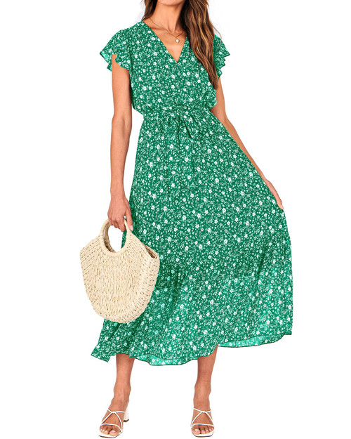 BTFBM Women Summer Bohemian Floral Casual Wrap V Neck Ruffle Cap Sleeveless Belt A-Line Pleated Hem Swing Midi Sun Dress (Floral White Green, Medium) BTFBM Women Summer Bohemian Floral Casual Wrap V Neck Ruffle Cap Sleeveless Belt A-Line Pleated Hem Swing Midi Sun Dress (Floral White Green, Medium)