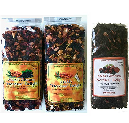 Sea Buckthorn Berry Fruit Tea (Sanddorn Beeren) and Red Berry Fruit Tea, with Black Currants and Many Anti-Oxidant Super-Foods To Boost Immune System! (3-Pack of 200g ea.) Herbal Teas