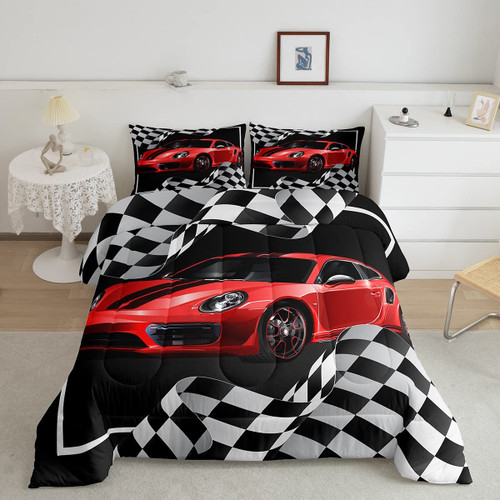 Red Race Car Comforter Set Queen Size, Black White Plaids Geometric Bedding Set 3pcs for Kids Teens Boys Men Room Decor,Extreme Sports Games Racing Flags Quilt Set,2 Pillowcases