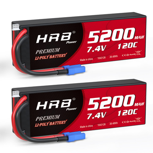 HRB 2packs 2S 5200mAh Lipo Battery with EC5 Plug 7.4V 120C Hardcase RC Lipo Battery Compatible with RC Car Airplane Helicopter Truck Boat