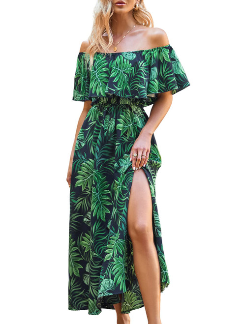 CUPSHE Women's Dresses for Summer A Line Dresses Off Shoulder Ruffle Maxi Tropical Printed Dress Green