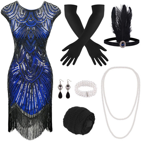 PLULON 1920s Sequin Beaded Fringed Flapper Dress Great Gatsby Dresses for Women with roaring 20s Costumes Accessories Set (Blue, Large)