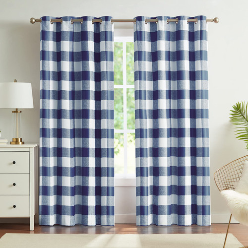 Melodieux Buffalo Check Plaid Blackout Curtains 84 Inches Long for Living Room, Bedroom Thermal Insulated Room Darkening Grommet Drapes, Blue, 50 x 84 Inch, 2 Panels