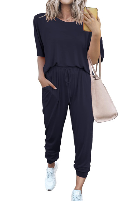 PRETTYGARDEN Women's Two Piece Outfit Short Sleeve Pullover with Drawstring Long Pants Tracksuit Jogger Set (Navy,Large)