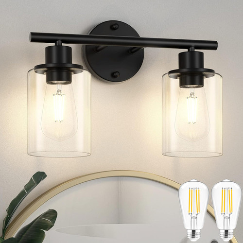 Licperron 2-Light Bathroom Vanity Light Fixtures, Modern Black Bathroom Vanity Lights Over Mirror with Clear Glass Shade, Industrial Wall Mounted Sconces Lighting for Bedroom Hallway (with Bulbs