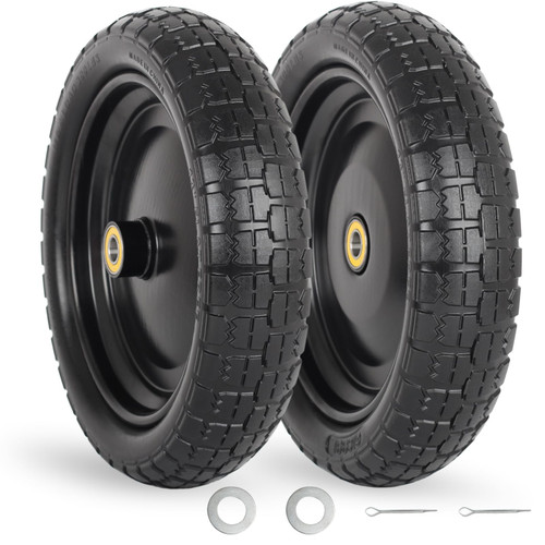 GICOOL 13" Flat-free Solid Tire and Wheel, with 5/8" Axle Bore Hole, 2.2" Offset Hub, Compatible with Wheelbarrow Garden Wagon Trolley Dolly, 2 Pack