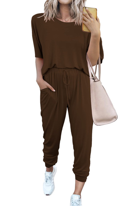 PRETTYGARDEN Women's Two Piece Outfit Short Sleeve Pullover with Drawstring Long Pants Tracksuit Jogger Set (Brown,Medium)