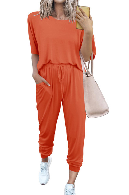 PRETTYGARDEN Women's Two Piece Outfit Short Sleeve Pullover with Drawstring Long Pants Tracksuit Jogger Set (Orange Red,Large)