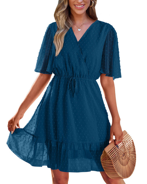 KIRUNDO Women's Summer Dresses 2024 Spring Casual Short Sleeve V Neck Ruffle Swiss Dot High Waist Flowy Mini Dress with Belt, Style2-lake Blue, Small