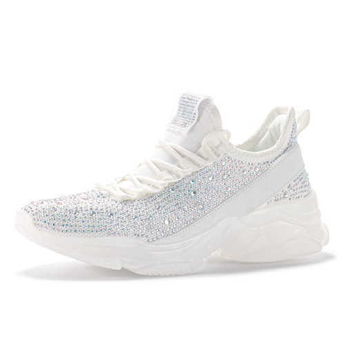 BELOS Women's Fashion Rhinestone Mesh Knit Slip On Sneaker Breathable Glitter Walking Shoes(White Hologram,8)