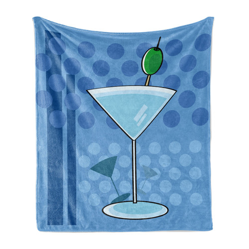 Lunarable Vintage Throw Blanket, Cartoon Style Illustration of Cocktail Martini Glass with Olive, Flannel Fleece Accent Piece Soft Couch Cover for Adults, 60" x 80", Sky Blue