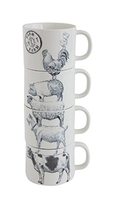 Farm Sweet Farm Stoneware Stacked Mugs w/Farm Animals, Set of 4 (Stacks 11-1/4"H) Farm Sweet Farm Stoneware Stacked Mugs w/Farm Animals, Set of 4 (Stacks 11-1/4"H)